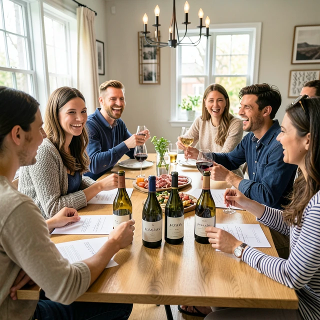 Friends enjoying a home wine tasting party with Jackson Family Wines selections