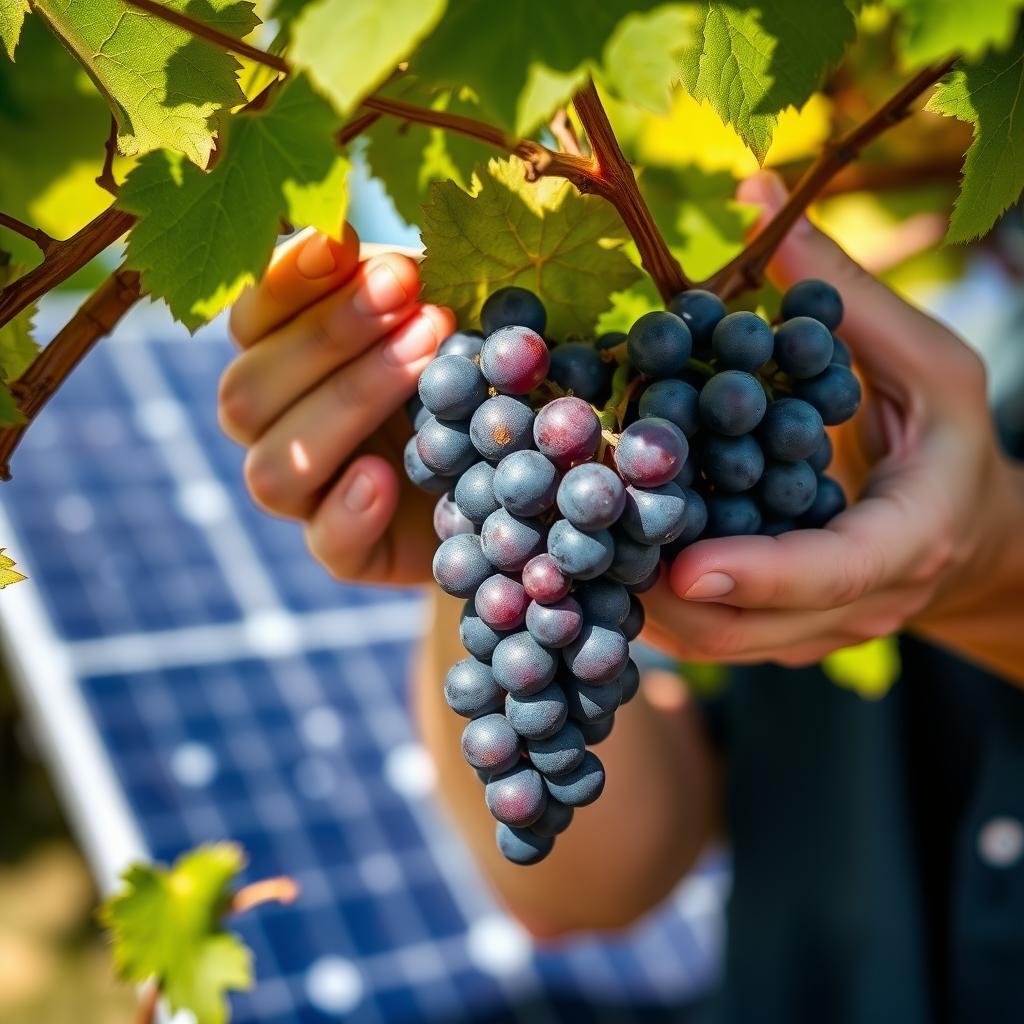 Winemaker inspecting Cabernet Sauvignon grapes in a sustainable vineyard