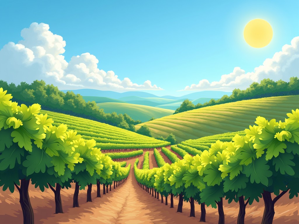 A lush vineyard with rows of grapevines under a clear sky.