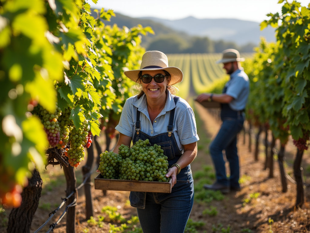 Workers hand-picking grapes in a vineyard, gathering fresh fruit during the harvest at Beringer.