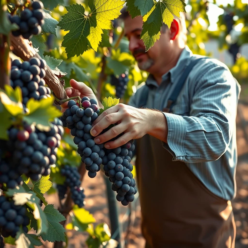 Winemaker hand-harvesting ripe grapes in a California vineyard