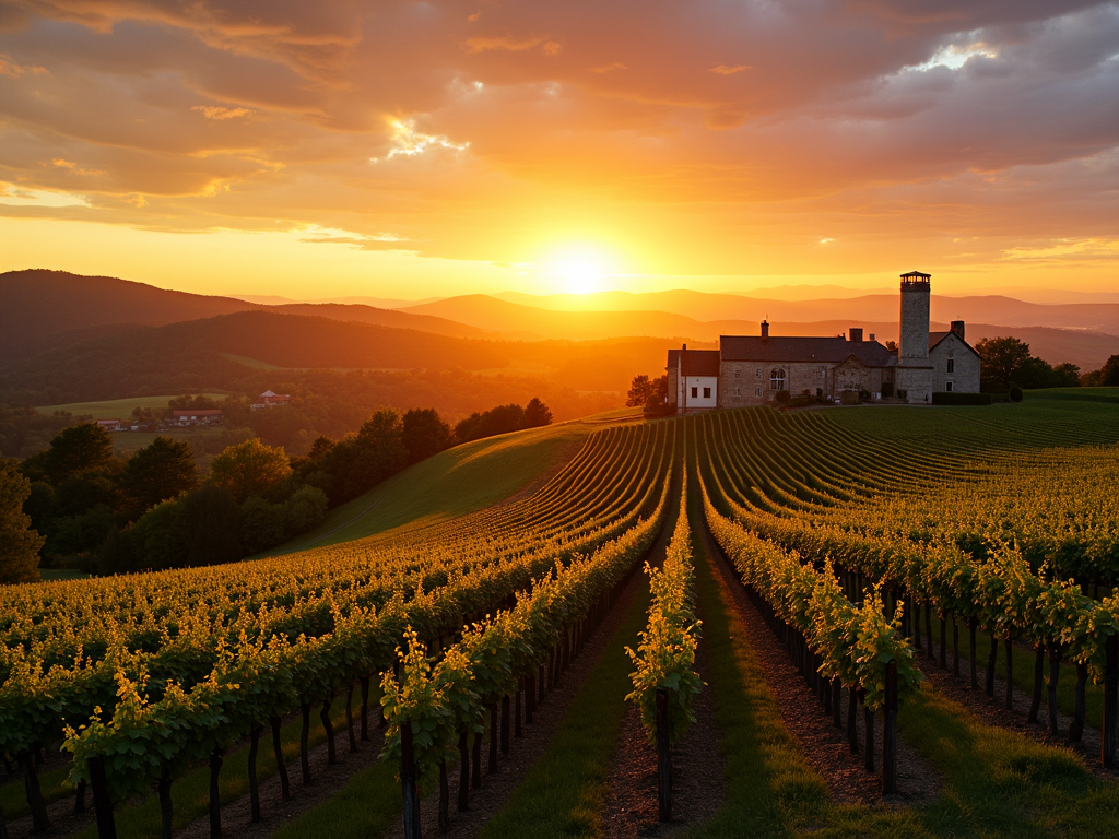 Sunset over a sustainable vineyard and winery