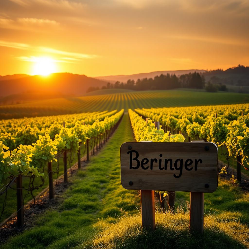 Napa Valley vineyard at sunset with a Beringer sign in the foreground.