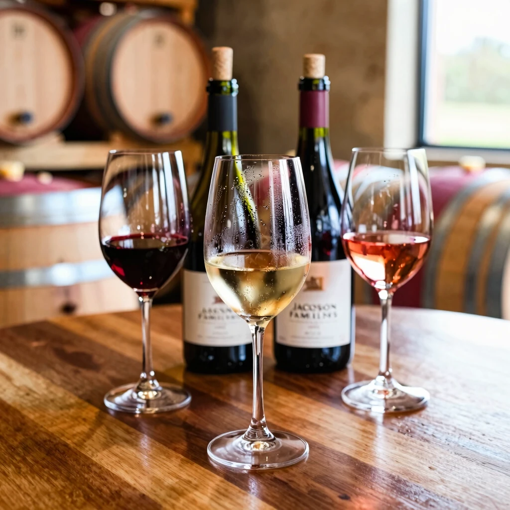 Wine tasting setup showcasing Jackson Family Wines bottles