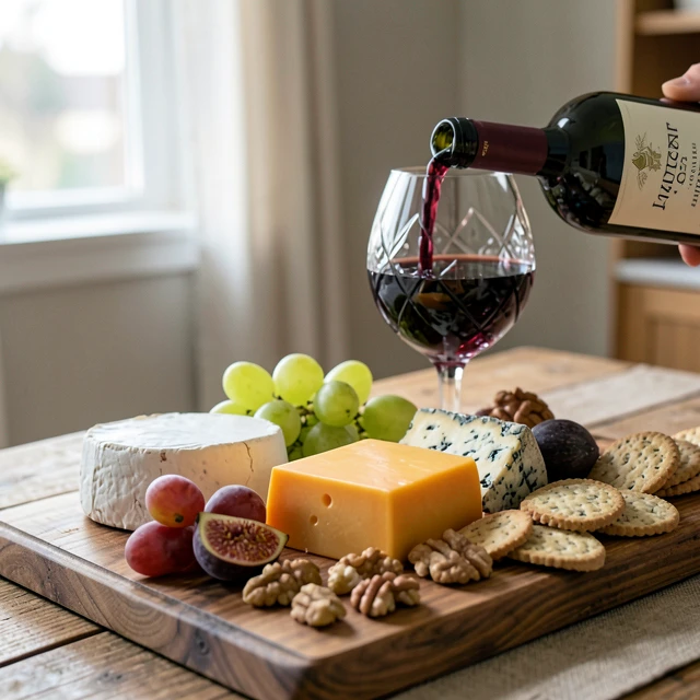 Wine and cheese platter featuring Jackson Family Wines with assorted cheeses, fruits, and nuts