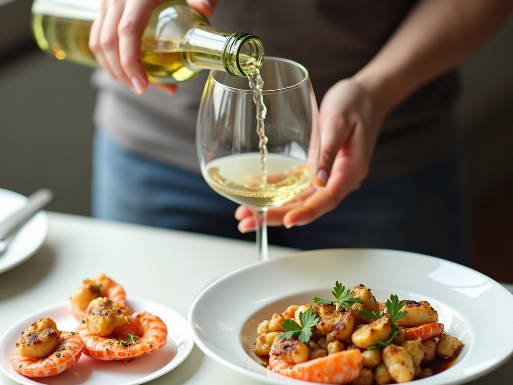 Pouring white wine with a seafood meal