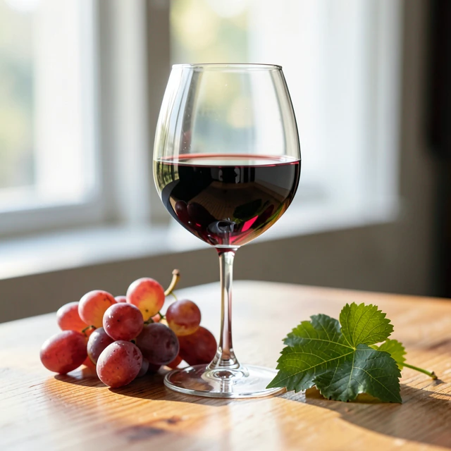 Glass of vibrant red organic wine with fresh grapes on a rustic table