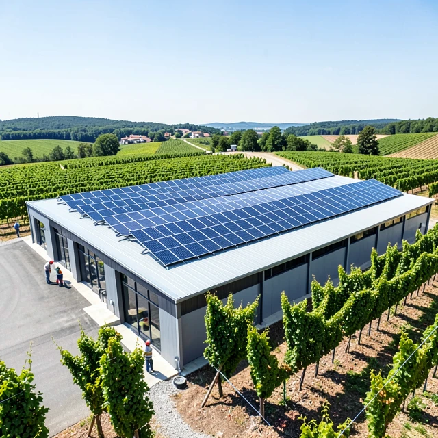 Winery with large solar panel installation demonstrating renewable energy in winemaking