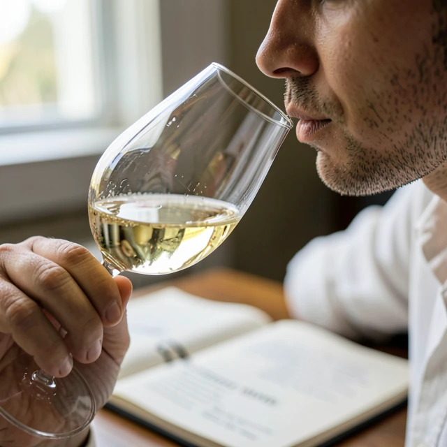 Person swirling and smelling white wine during tasting