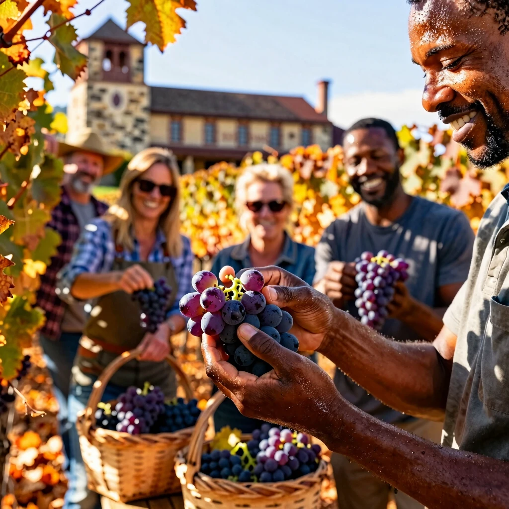 Workers hand-harvesting grapes during Beringer's fall harvest season
