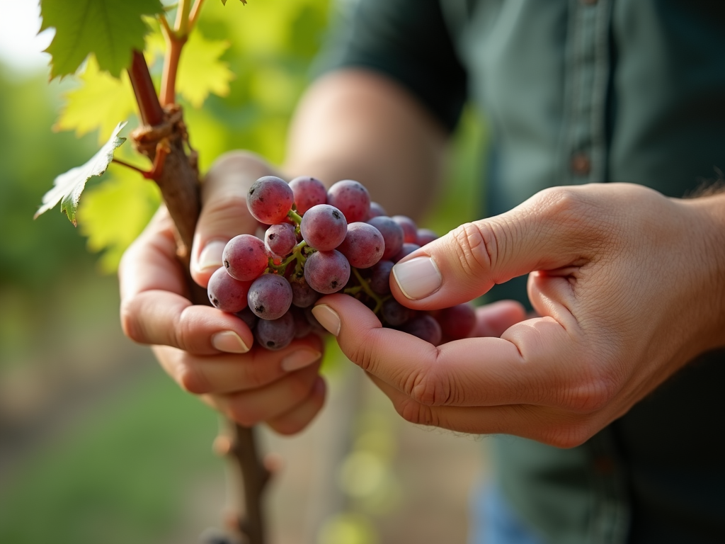 A winemaker carefully examining ripe grapes on the vine.