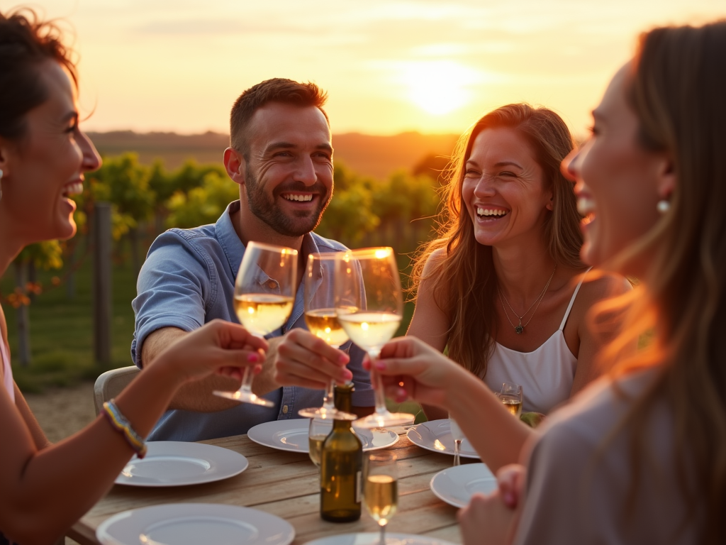 Friends toasting with Jackson Family Wines’ white wines at sunset, enjoying the fruits of sustainable vineyards.