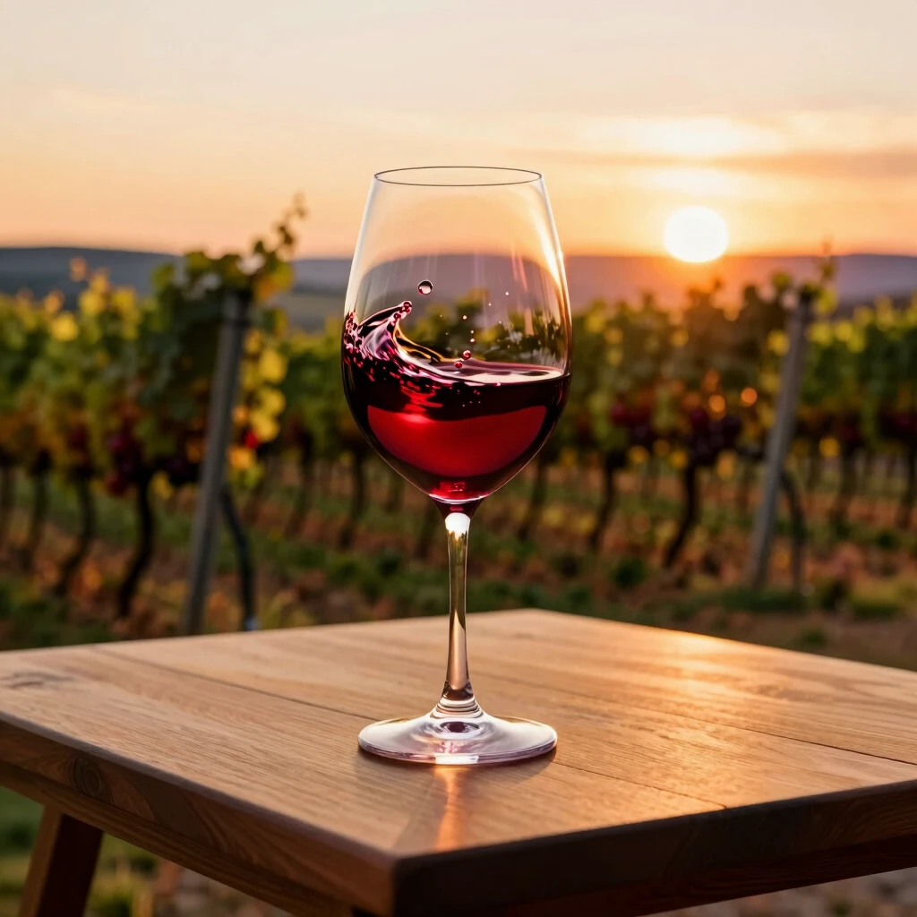 Red wine being swirled in a glass showing legs in vineyard setting