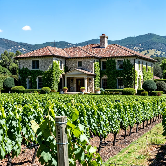Historic Beringer Vineyards Rhine House mansion surrounded by lush Napa Valley vineyards