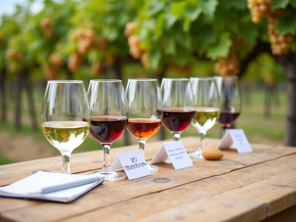 Wine tasting setup with glasses and vineyard view