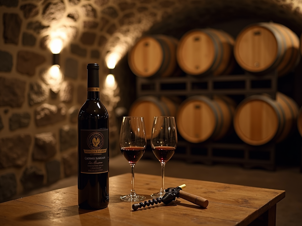 Cozy wine cellar with barrels and wine glasses