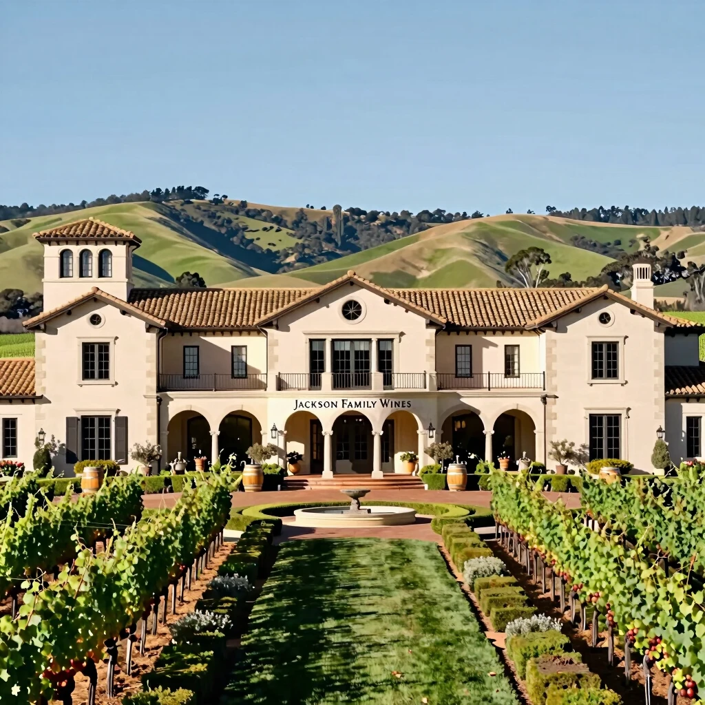 Elegant winery building of Jackson Family Wines surrounded by vineyards