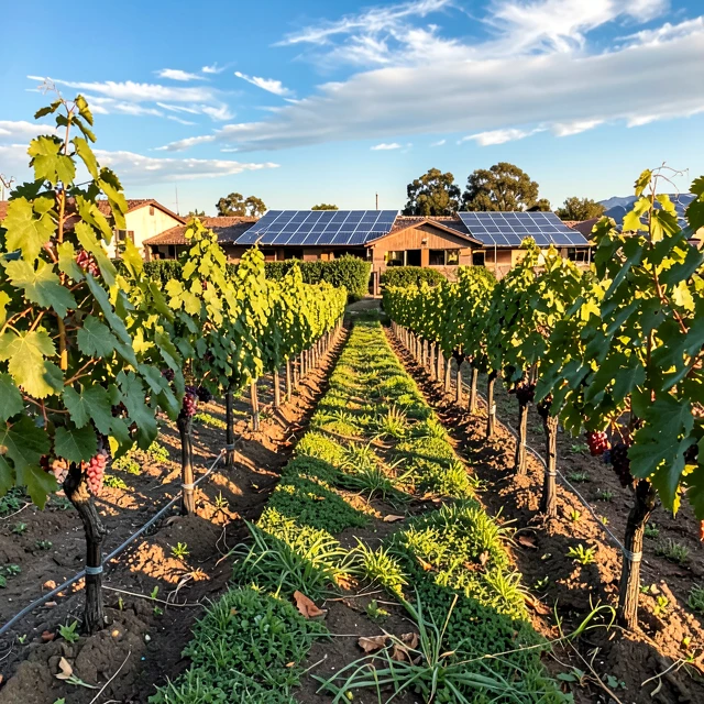 California vineyard practicing regenerative farming with cover crops and solar energy installations