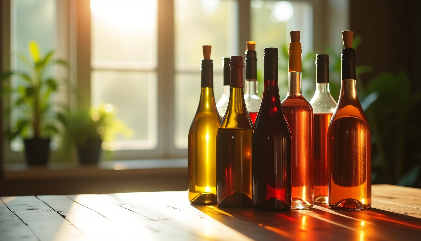 Colorful wine bottles on a rustic wooden table, sunlight filtering through.