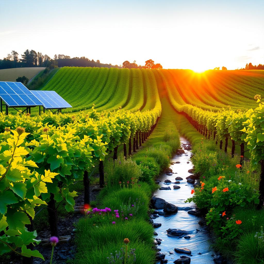 Sunset over a sustainable vineyard in Sonoma County with solar panels and a stream.