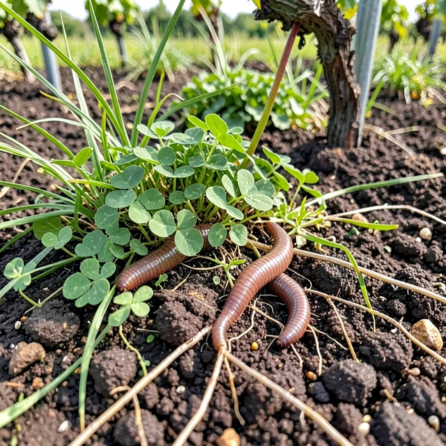 Healthy regenerative vineyard soil with biodiversity