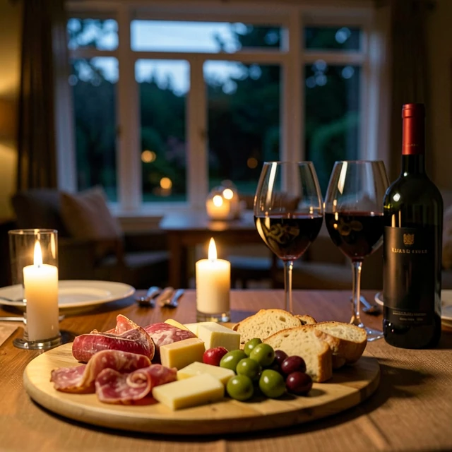 Elegant dinner table setup with charcuterie and red wine