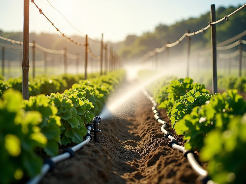 Drip irrigation system watering vineyard.
