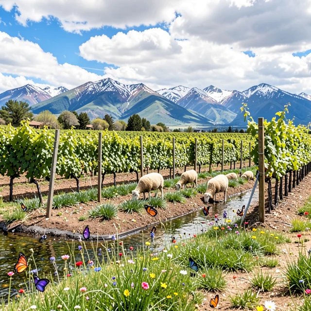 Sheep grazing in an eco-friendly vineyard demonstrating biodiversity impact