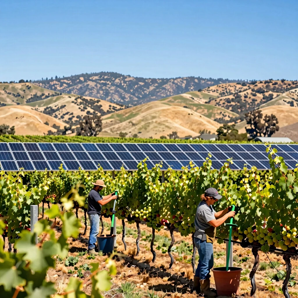 Sustainable California vineyard with solar panels and eco-friendly farming
