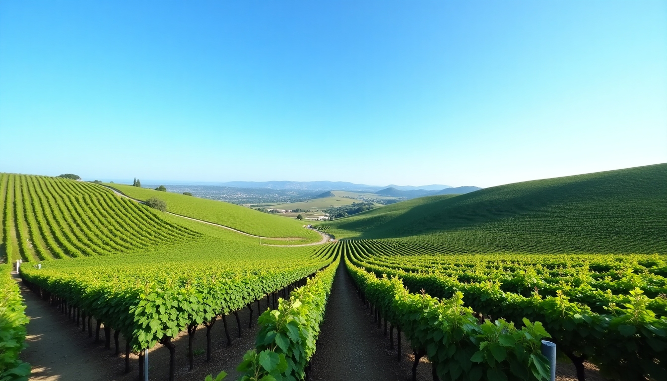 A sprawling vineyard under a bright blue sky, showcasing rows of grapevines stretching into the distance.