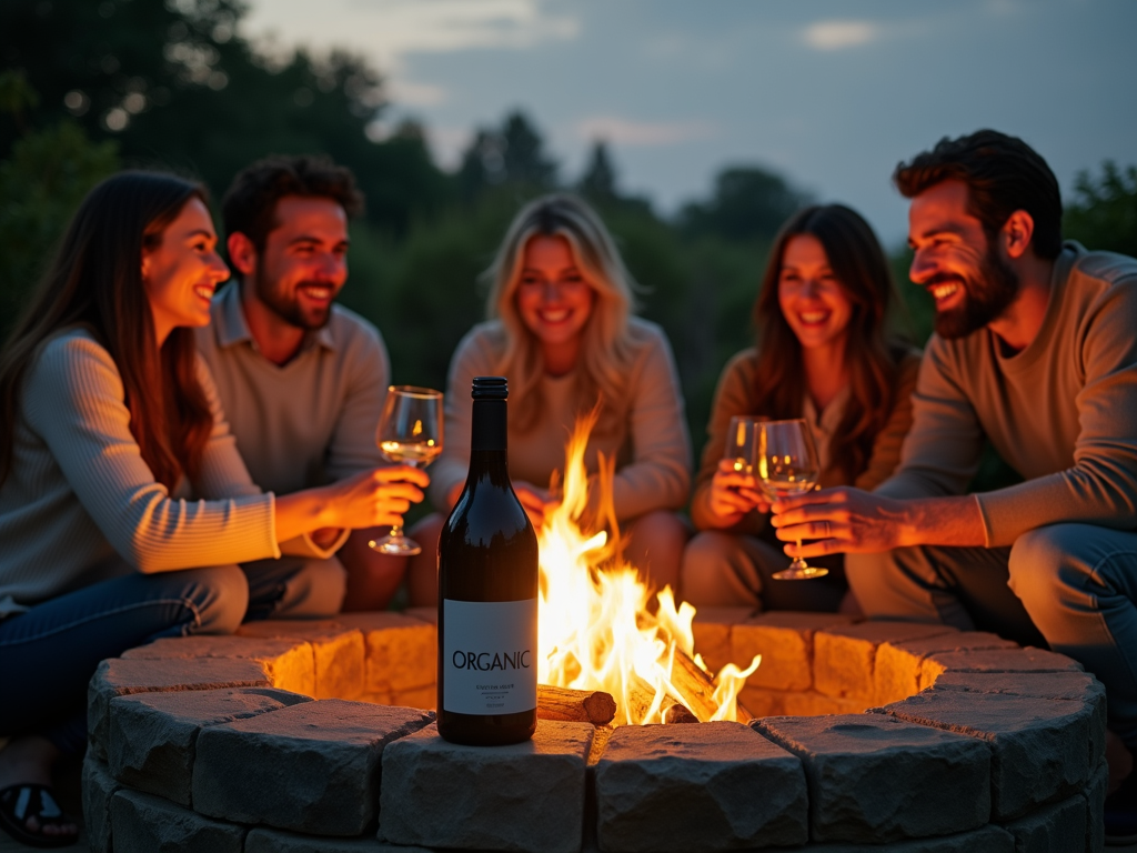 Friends enjoying organic wine by fire pit