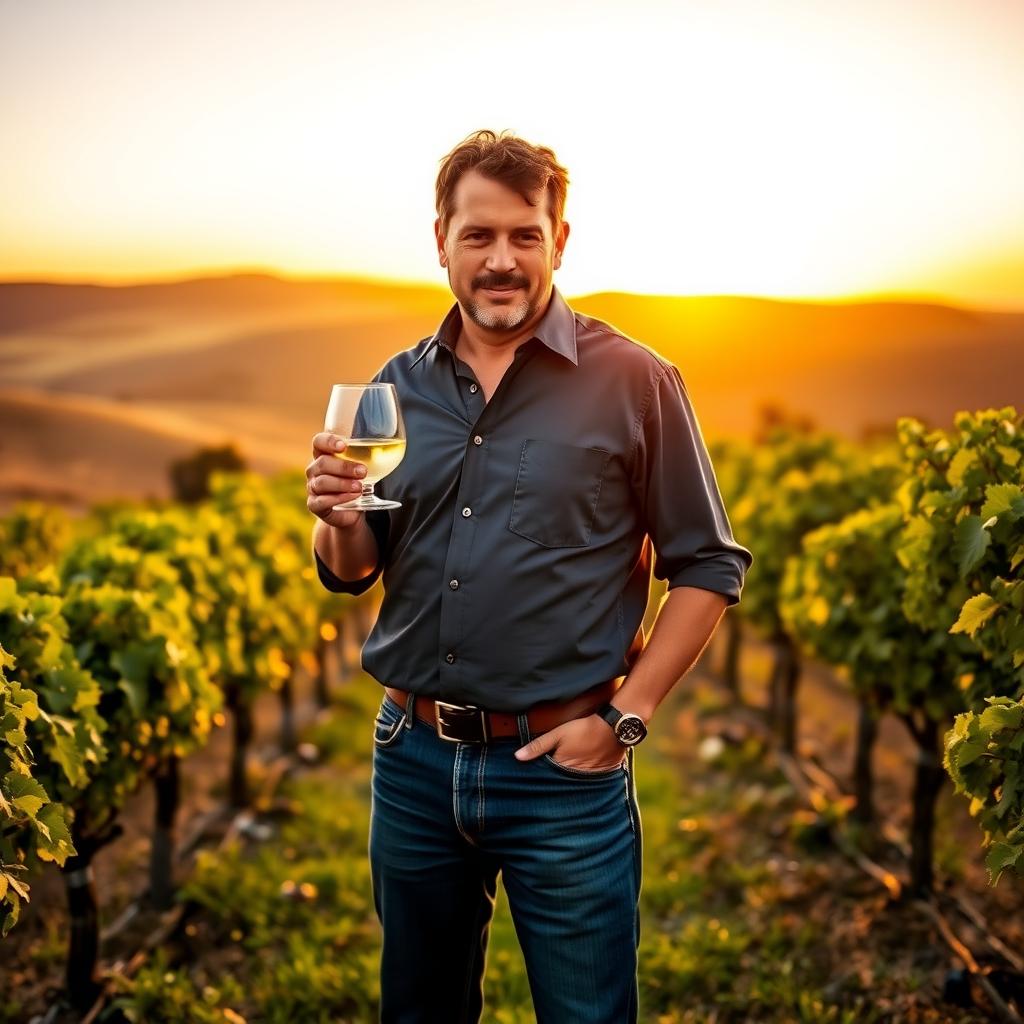 Jess Jackson holding a glass of Chardonnay in a vineyard at sunset.