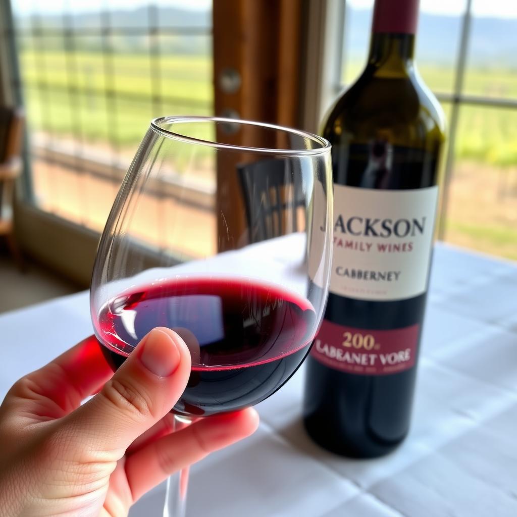 A hand holds a glass of ruby-red Cabernet Sauvignon from Jackson Family Wines, set against a white tablecloth with a vineyard view in the background.
