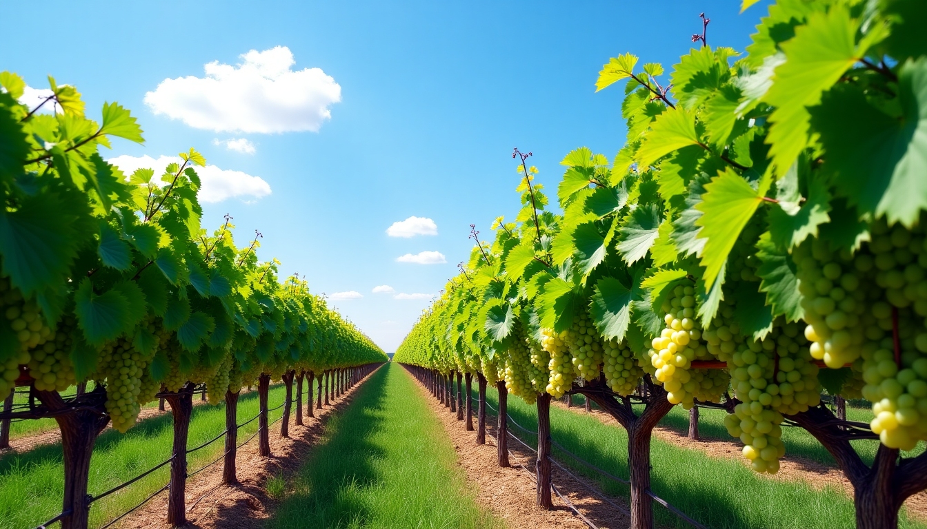 Rows of grapevines with cover crops growing between them.