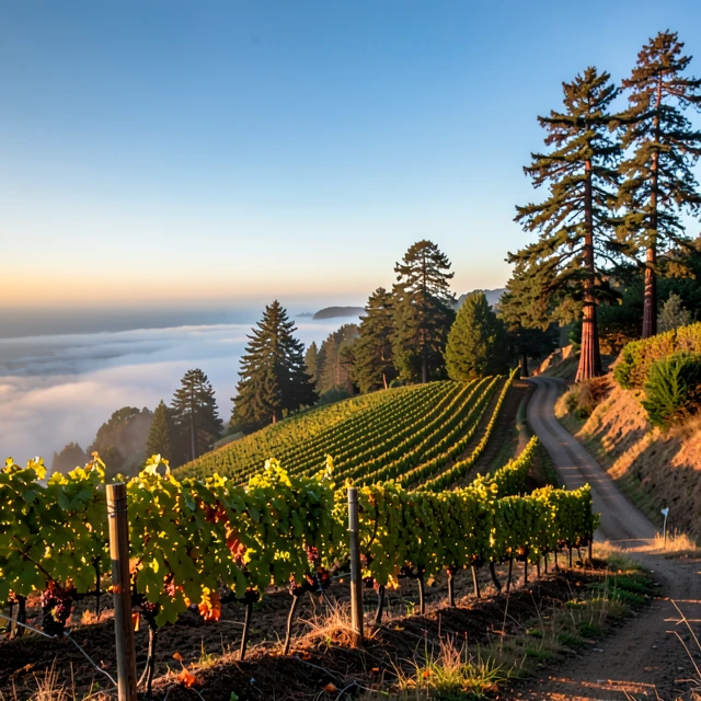 Panoramic view of Mendocino Wine Country vineyards with ocean fog and redwood forests
