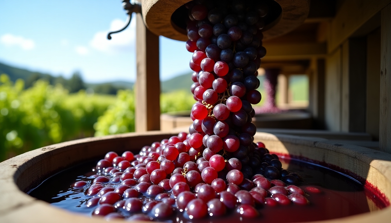 Traditional wine press extracting grape juice