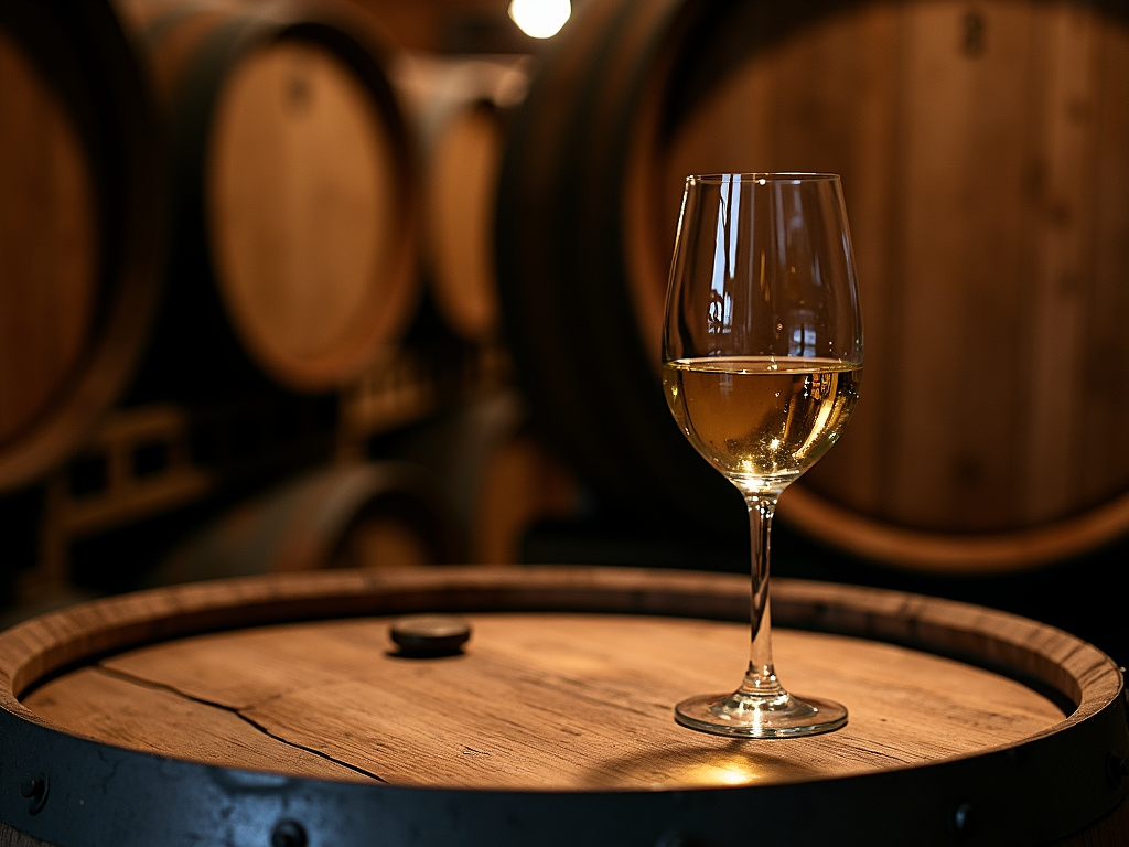 Chardonnay glass on a barrel in a cellar