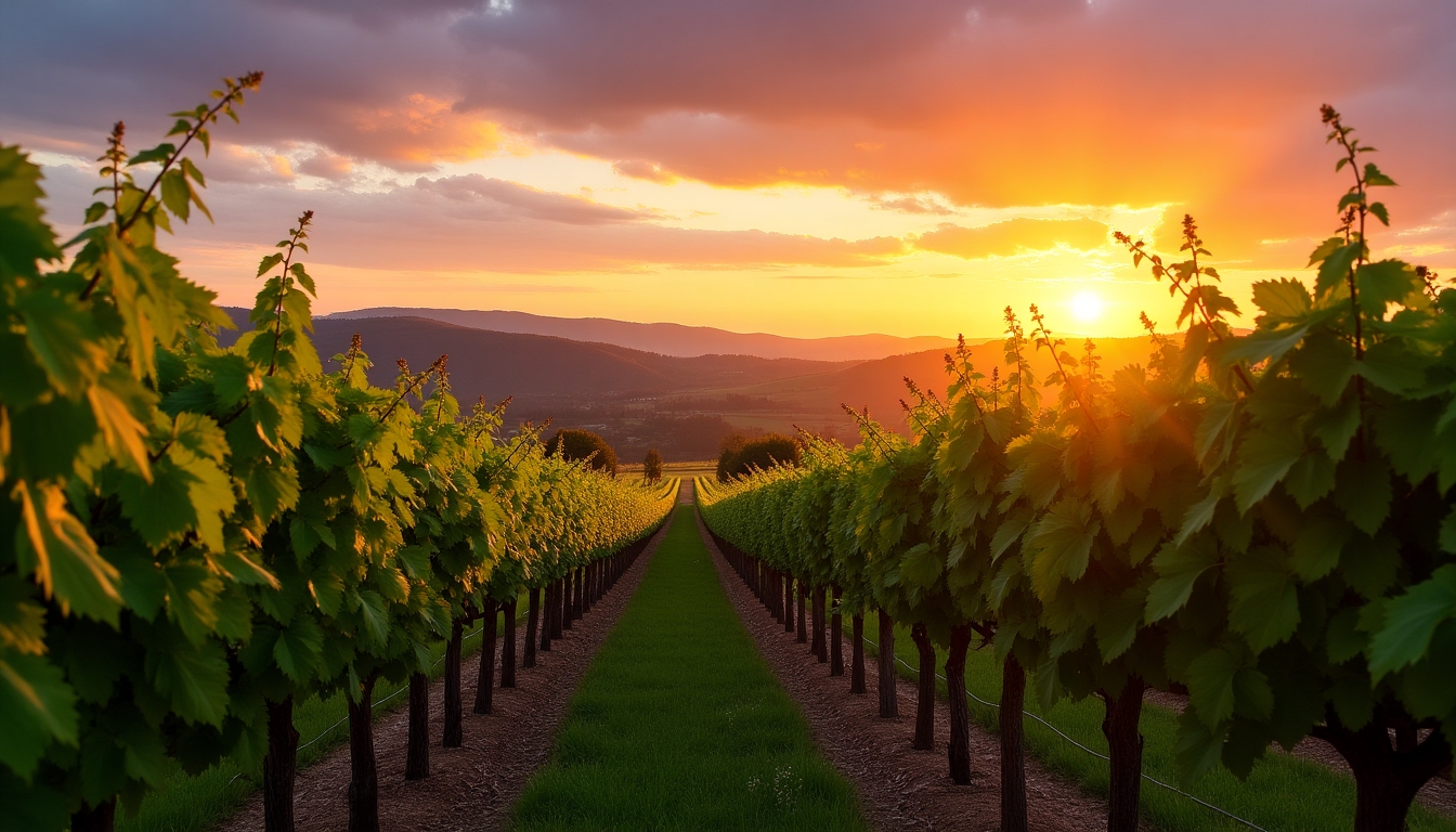 A scenic vineyard landscape at sunset, showcasing rows of grapevines under a clear sky.