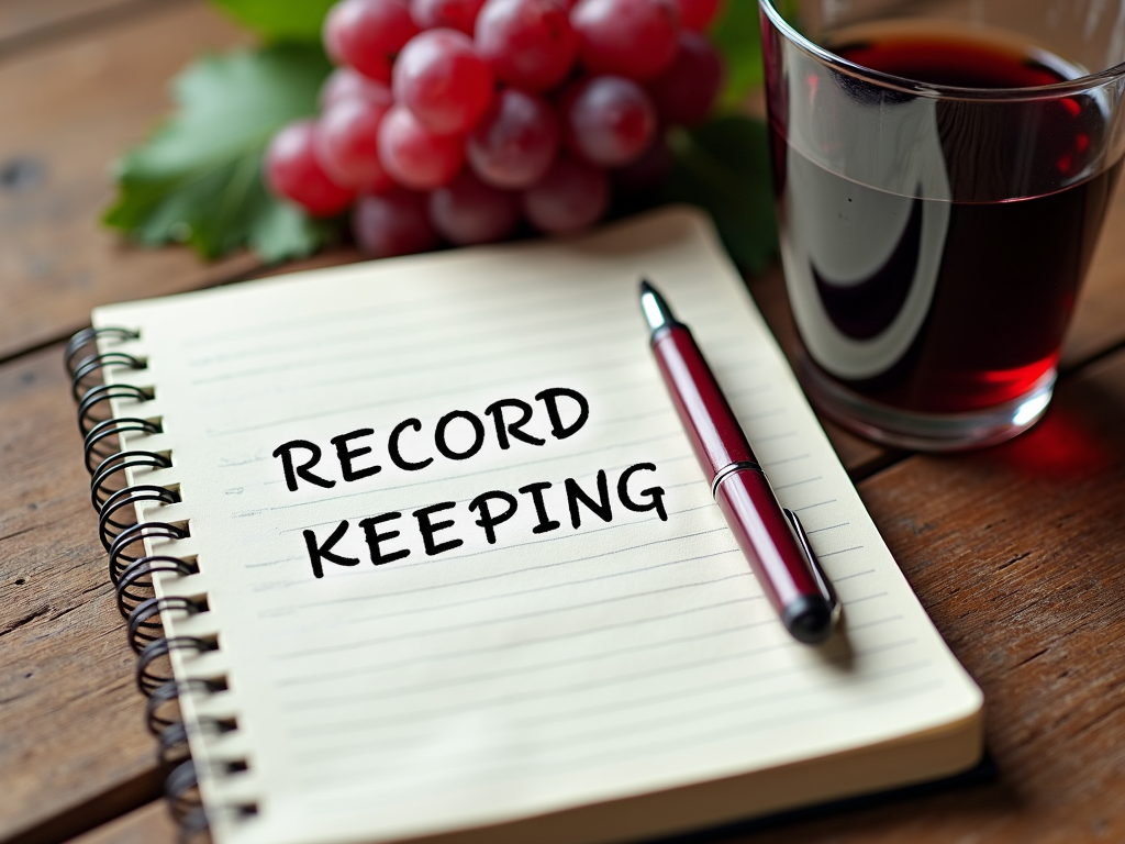 Wine-making notes and a glass of wine.