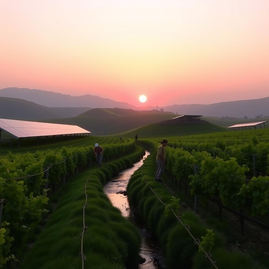 Sunrise over a sustainable vineyard with solar panels and workers tending to vines.