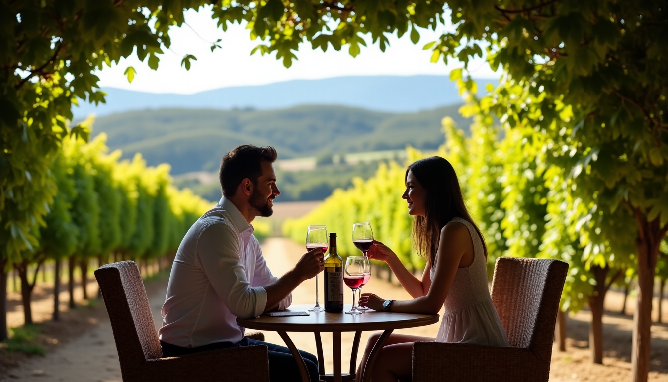 A couple enjoying private wine tasting at the Beringer vineyard, engaged and excited.