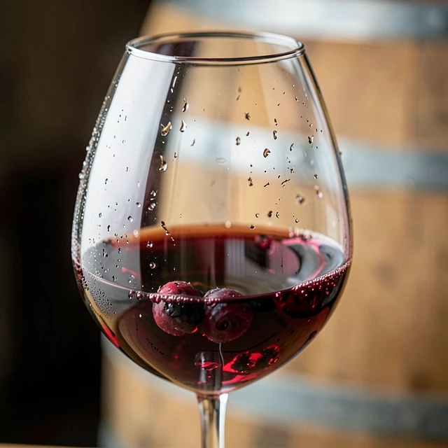 Swirling glass of La Crema Pinot Noir with berries in background