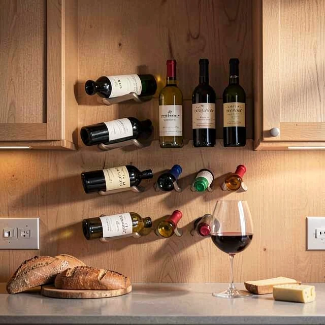 Cozy home wine rack filled with a budget-friendly collection of assorted wine bottles