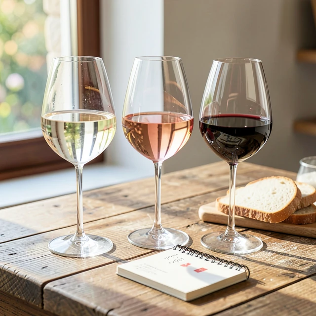 Home wine tasting setup with different wines ready for beginners