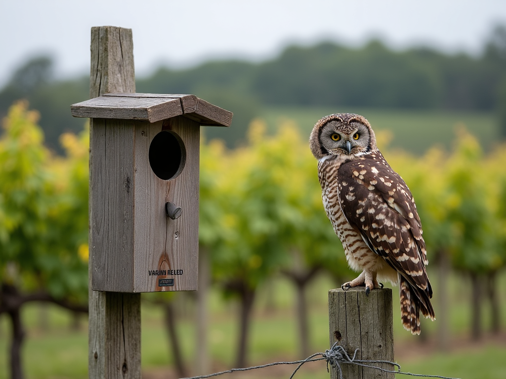 Owl box in a vineyard, promoting natural pest control and biodiversity.