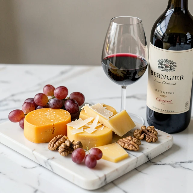 Aged cheeses paired with Cabernet Sauvignon wine on a cheese board