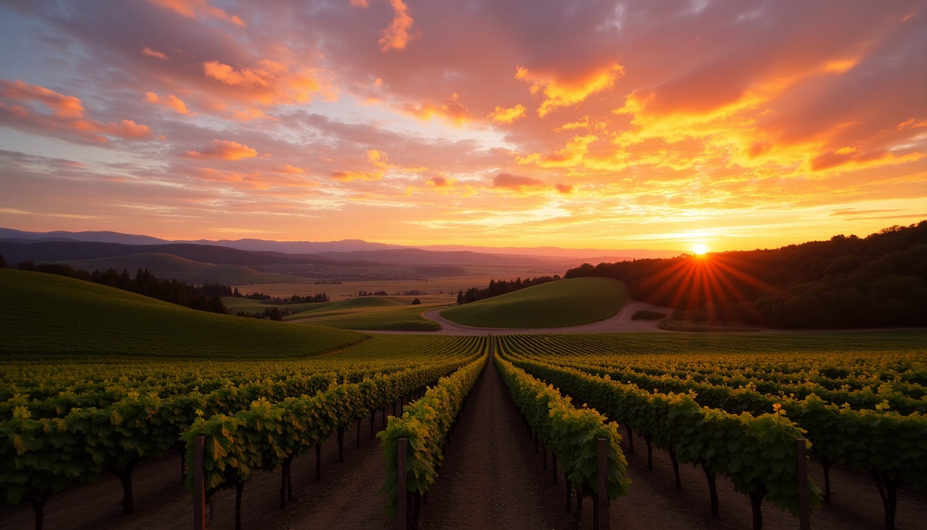 Alexander Valley vineyard at dusk, with a breathtaking sunset over the hills and rows of vines.