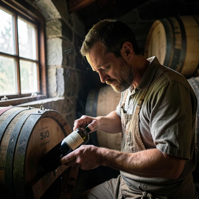 Winemaker tasting Pinot Noir in Oregon cellar