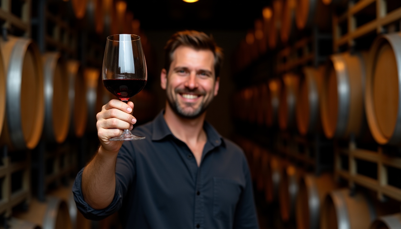 Winemaker inspecting Pinot Noir in cellar with oak barrels.
