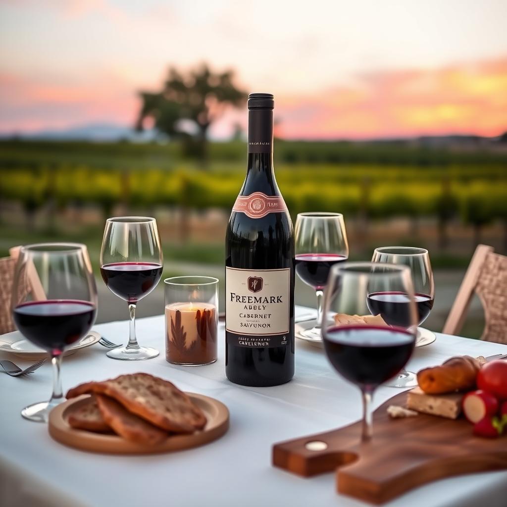 Outdoor dining table with Jackson Family Wines’ Freemark Abbey Cabernet Sauvignon and vineyard sunset